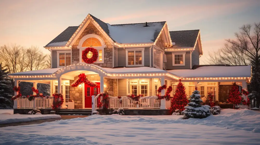House in winter with white holiday lights on the rooflines.