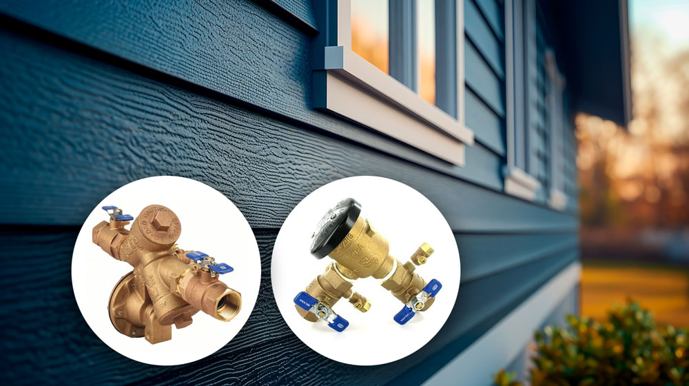 Two brass backflow preventers on house exterior