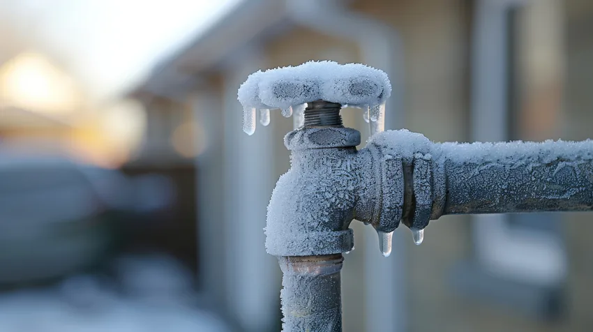 Frozen outdoor spigot and pipe coated in frost and snow with small icicles
